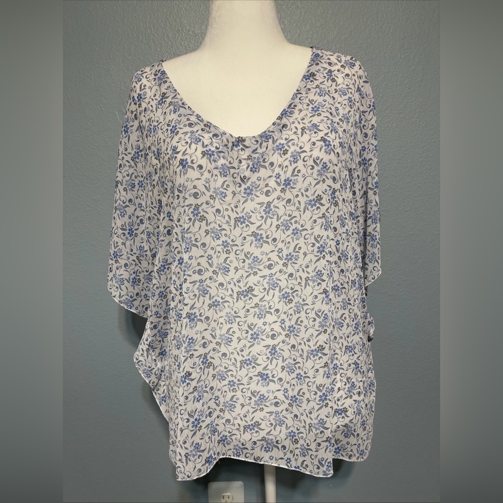 La Ligne Blue Floral Blouse Sheer Flowy Coastal Chic Cottagecore Romantic Sz 14